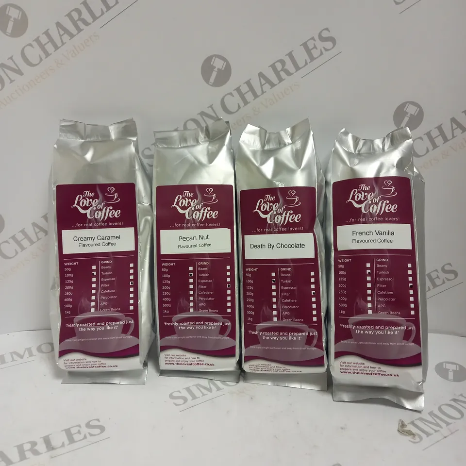4 SEALED THE LOVE OF COFFEE PACKS IN VARIOUS FLAVOURS TO INCLUDE DEATH BY CHOCOLATE, FRENCH VANILLA, PECAN NUT ETC 