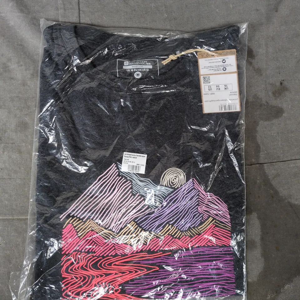 BAGGED MOUNTAIN WAREHOUSE PRINTED WOMEN'S LANDSCAPE BOXY FIT T-SHIRT IN CHARCOAL/MULTI SIZE UK 16