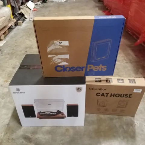 PALLET OF ASSORTED HOUSEHOLD GOODS AND PRODUCTS TO INCLUDE; TURNTABLE, CAT HOUSE, CAT FLAP ETC
