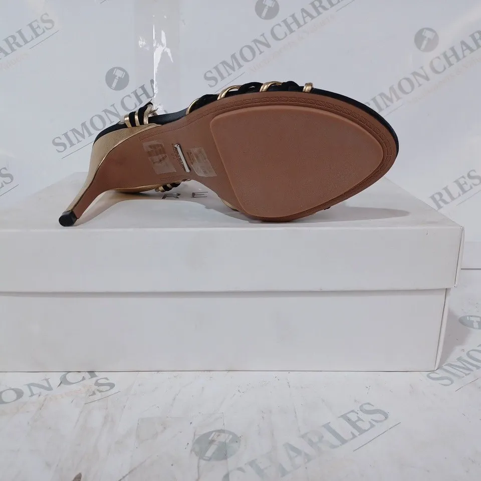 BOXED PAIR OF REISS CASSIDY STRAPPY HEELS IN BLACK/GOLD SIZE 5