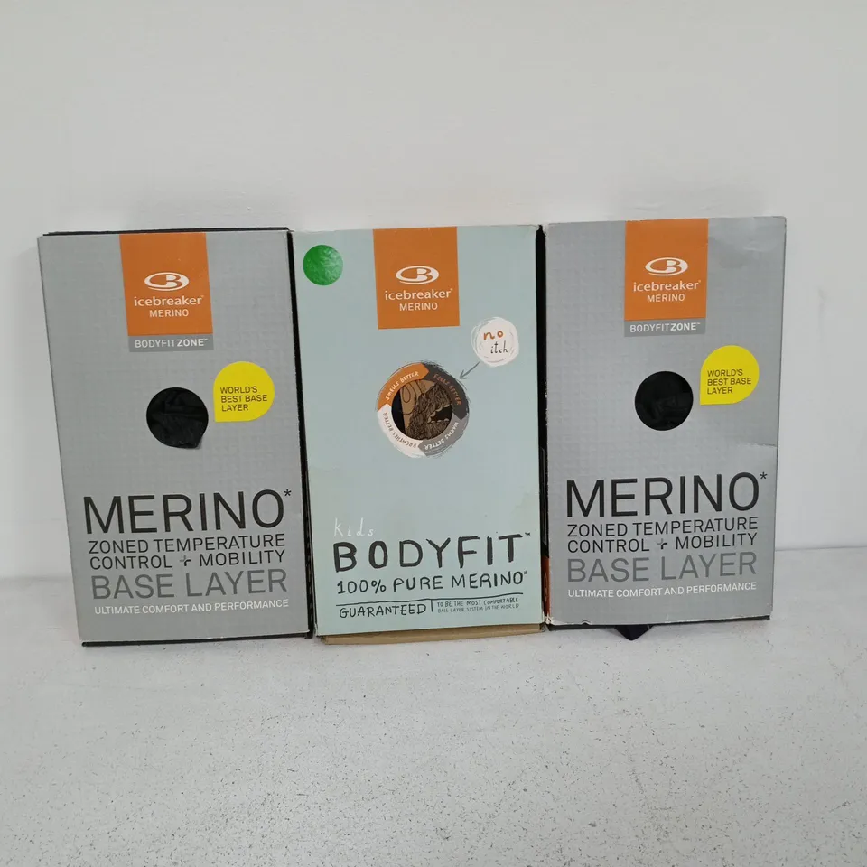 LOT OF 16 BOXED ICEBREAKER MERINO BASE LAYERS IN ASSORTED COLOURS, STYLES AND SIZES