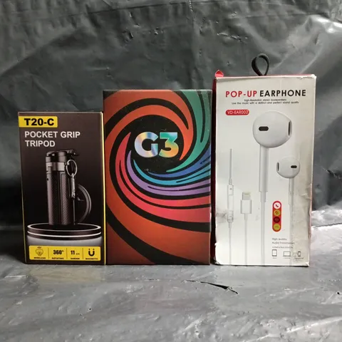APPROXIMATELY 10 ASSORTED HOUSEHOLD ITEMS TO INCLUDE T20-C POCKET GRIP TRIPOD, POP-UP EARPHONE, ETC - COLLECTION ONLY