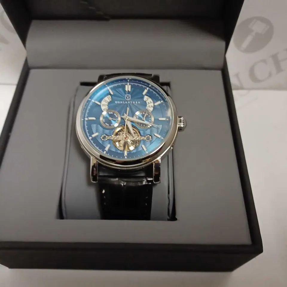 MENS VONLANTHEN AUTOMATIC WATCH – DATE YEAR SUB DIAL COMPLICATIONS – OPEN HEART MOVEMENT – GLASS EXHIBITION BACKCASE – BLACK LEATHER STRAP 