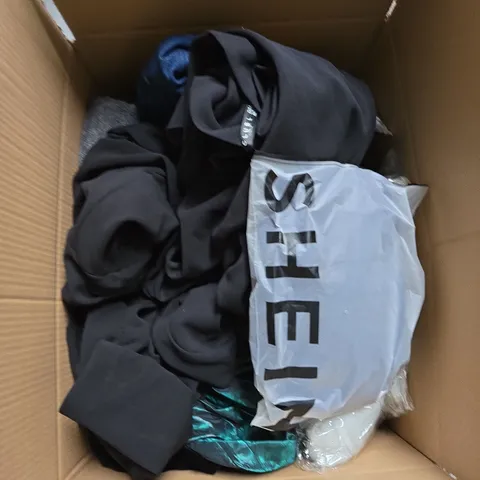 LARGE BOX OF ASSORTED CLOTHING ITEMS IN VARIOUS SIZES, STYLES AND COLOUR 