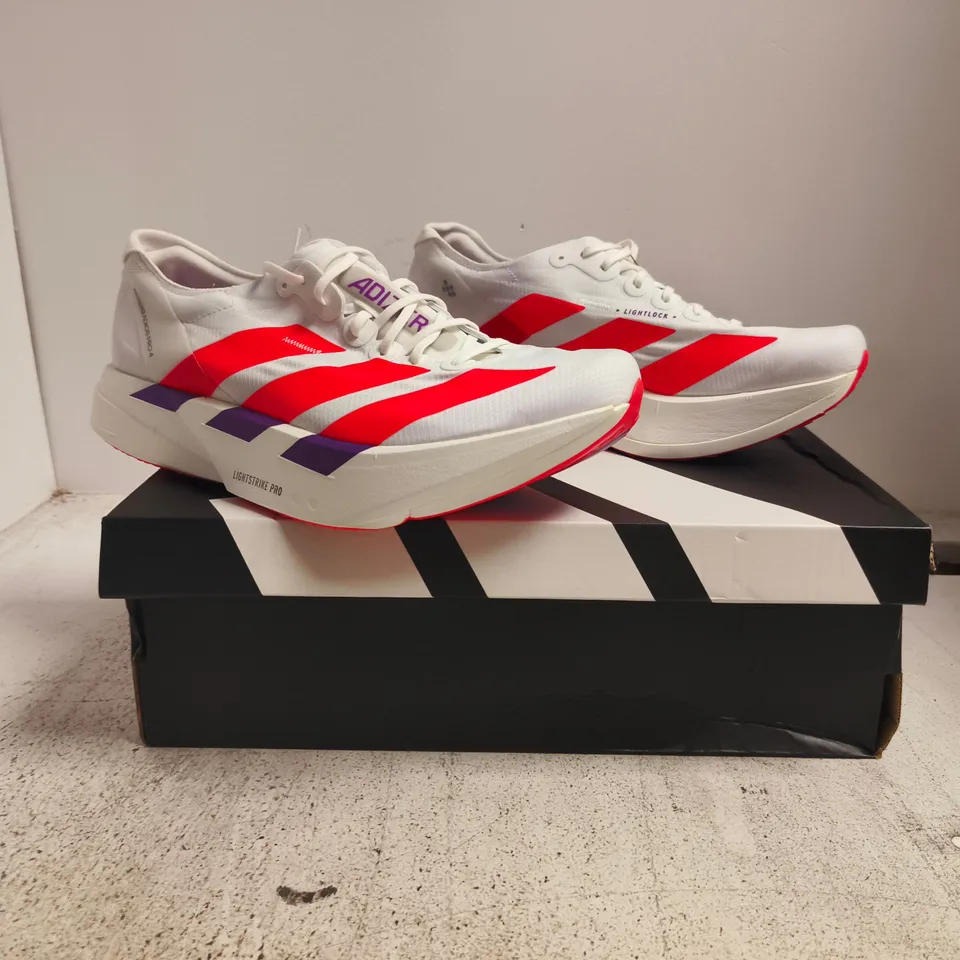 BOXED PAIR OF ADIDAS ADIZERO ADIOS PRO 4 TRAINERS IN WHITE/RED/PURPLE SIZE UK 12