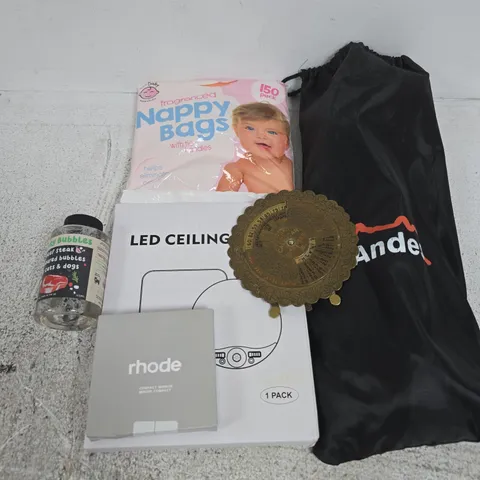 APPROXIMATELY 12 ASSORTED HOUSEHOLD ITEMS TO INCLUDE RHODE COMPACT MIRROR, NAPPY BAGS, LED CEILING LIGHTS, ETC