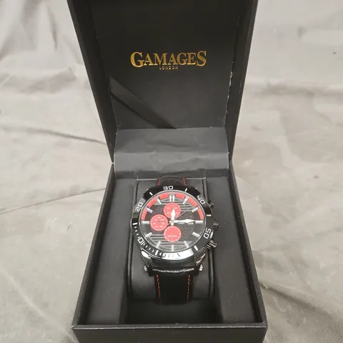 GAMAGES LONDON WRISTWATCH – BLACK LEATHER STRAP WITH RED STITCHING, RED DIAL