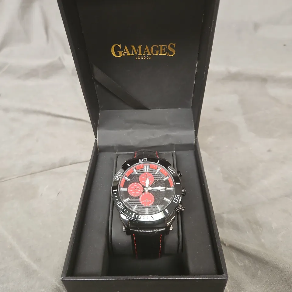 GAMAGES LONDON WRISTWATCH – BLACK LEATHER STRAP WITH RED STITCHING, RED DIAL