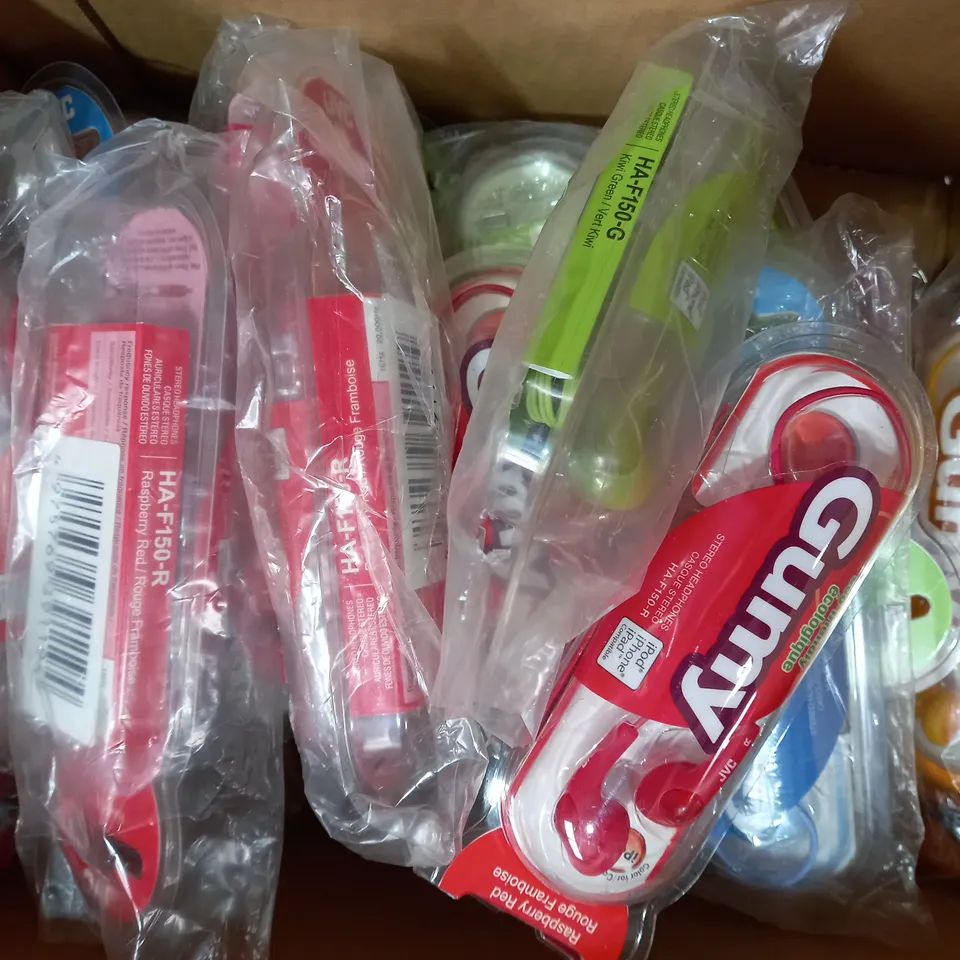 BOX OF APPROXIMATELY 20 ASSORTED JVC GUMY STEREO HEADPHONES IN VARIOUS COLOURS