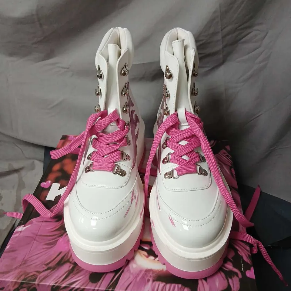 KOI KAWAII HELIOS HOLOGRAM FLAME BOOTS - PINK & WHITE, UK 6