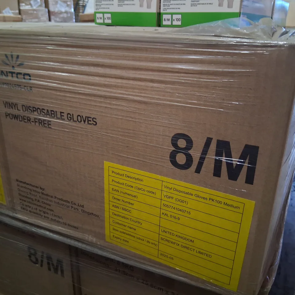 PALLET OF APPROXIMATELY 70 CARTONS OF TEN BOXES OF BRAND NEW INTCO VINYL DISPOSABLE GLOVES POWDER FREE 8/M 100 PAIRS PER BOX