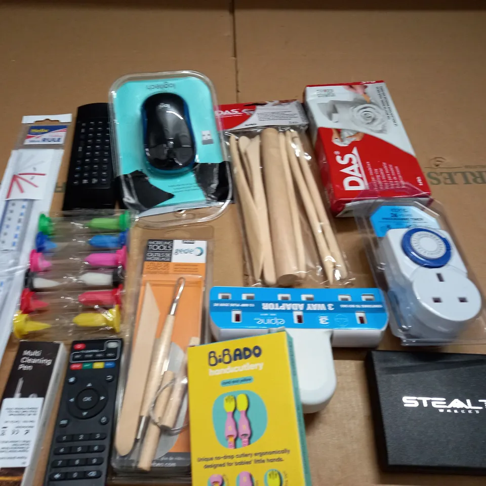 LOT OF ASSORTED HOUSEHOLD ITEMS TO INCLUDE LOGITECH MOUSE, CLAY AND TOOLS AND SPEEDY MASK PROTECTIVE SHEETS