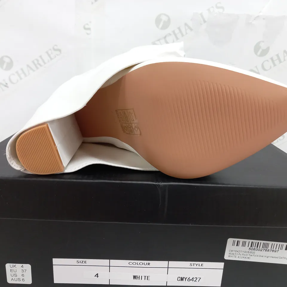 BOXED PAIR OF PRETTY LITTLE THINGS WIDE FIT POINT TOE OVER HIGH HEELED CALF BOOTS IN WHITE - UK 4