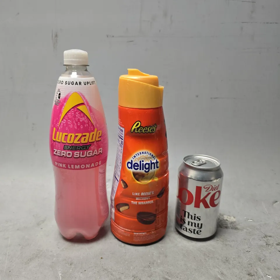 APPROXIMATELY 16 ASSORTED DRINKS ITEMS TO INCLUDE - LUCOZADE PINK LEMONADE , DIET COKE , REESES DELIGHT 
