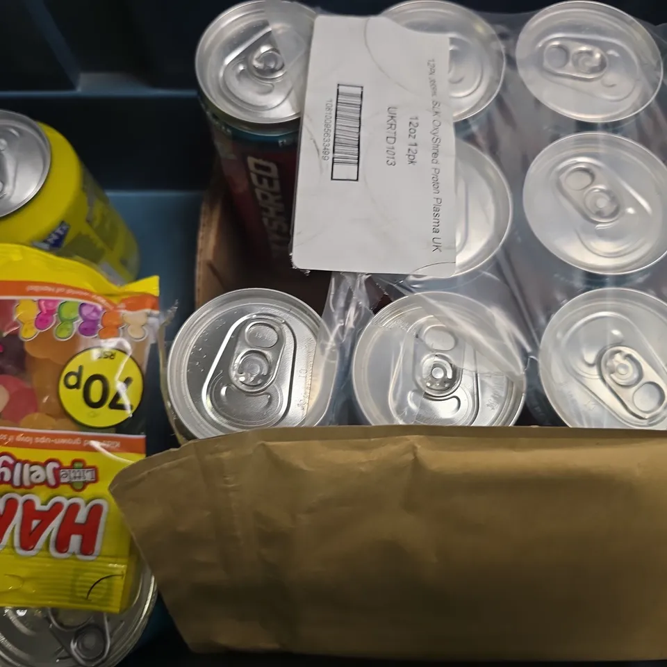 APPROXIMATELY 15 ASSORTED FOOD & DRINK ITEMS TO INCLUDE - NECK OIL , OXYSHRED ULTRA ENERGY , FRUIT SHOOT ETC
