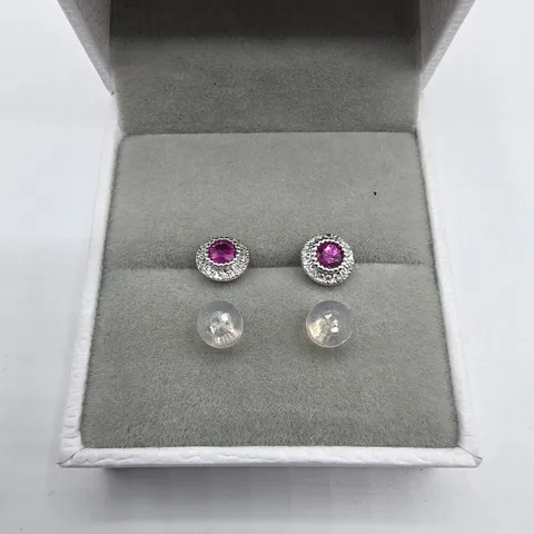 18CT WHITE GOLD CLUSTER EARRINGS SET WITH RUBIES AND NATURAL DIAMONDS