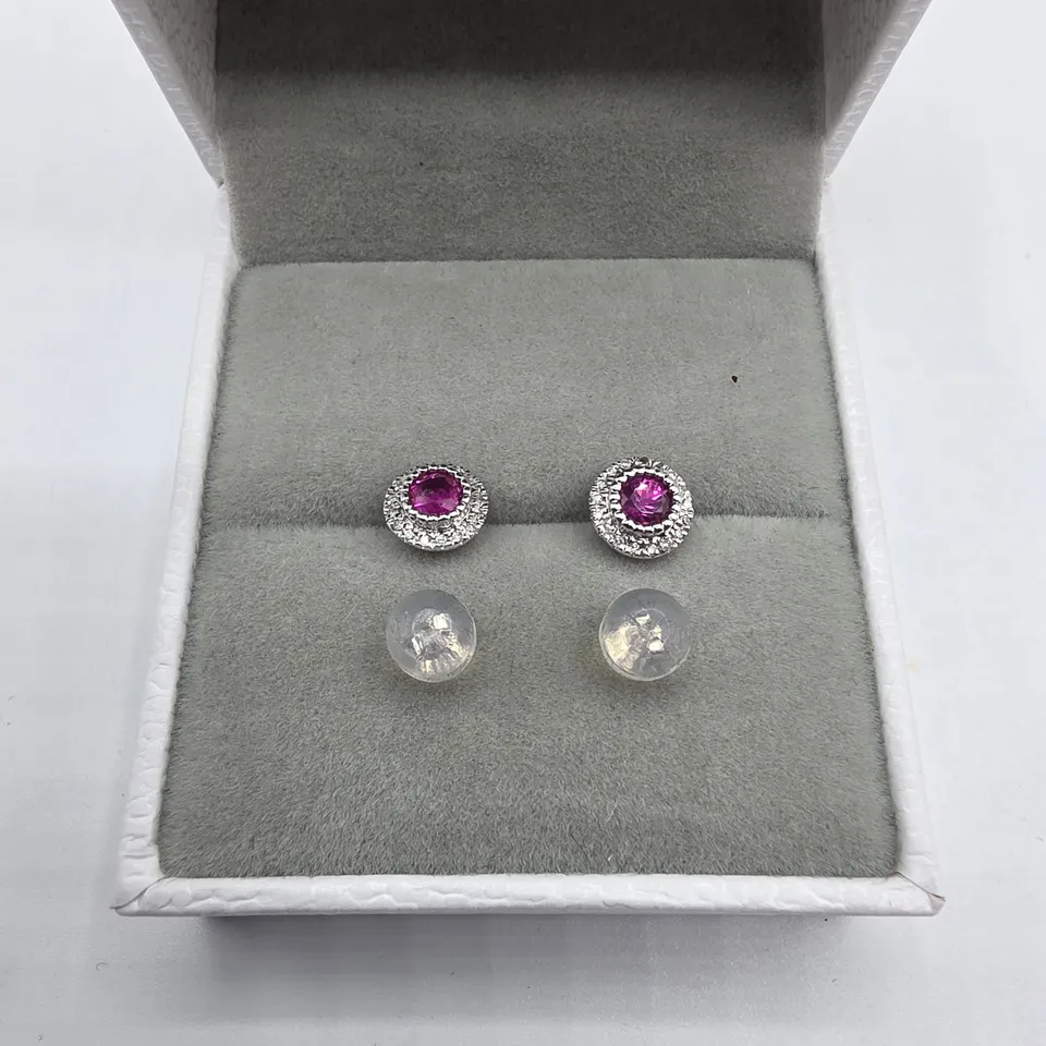 18CT WHITE GOLD CLUSTER EARRINGS SET WITH RUBIES AND NATURAL DIAMONDS