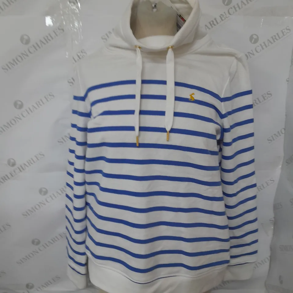 JOULES FUNNEL NECK SWEASHIRT IN CREAM AND BLUE STRIPES SIZE 10