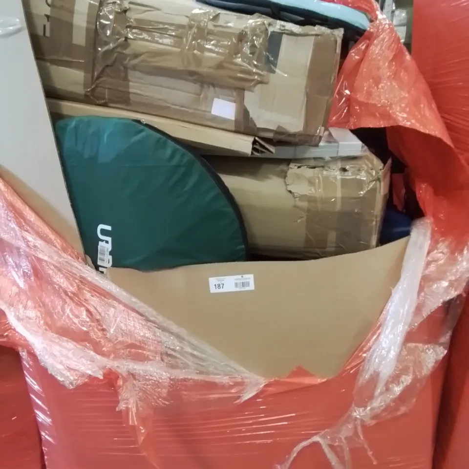 PALLET OF ASSORTED ITEMS TO INCLUDE, AB BOOSTER PLUS, FOLDING SCOOTER, POP UP SUN SCREEN SHELTERS, VERONA MIRROR, ROUND METAL BALLOON ARCH KIT.