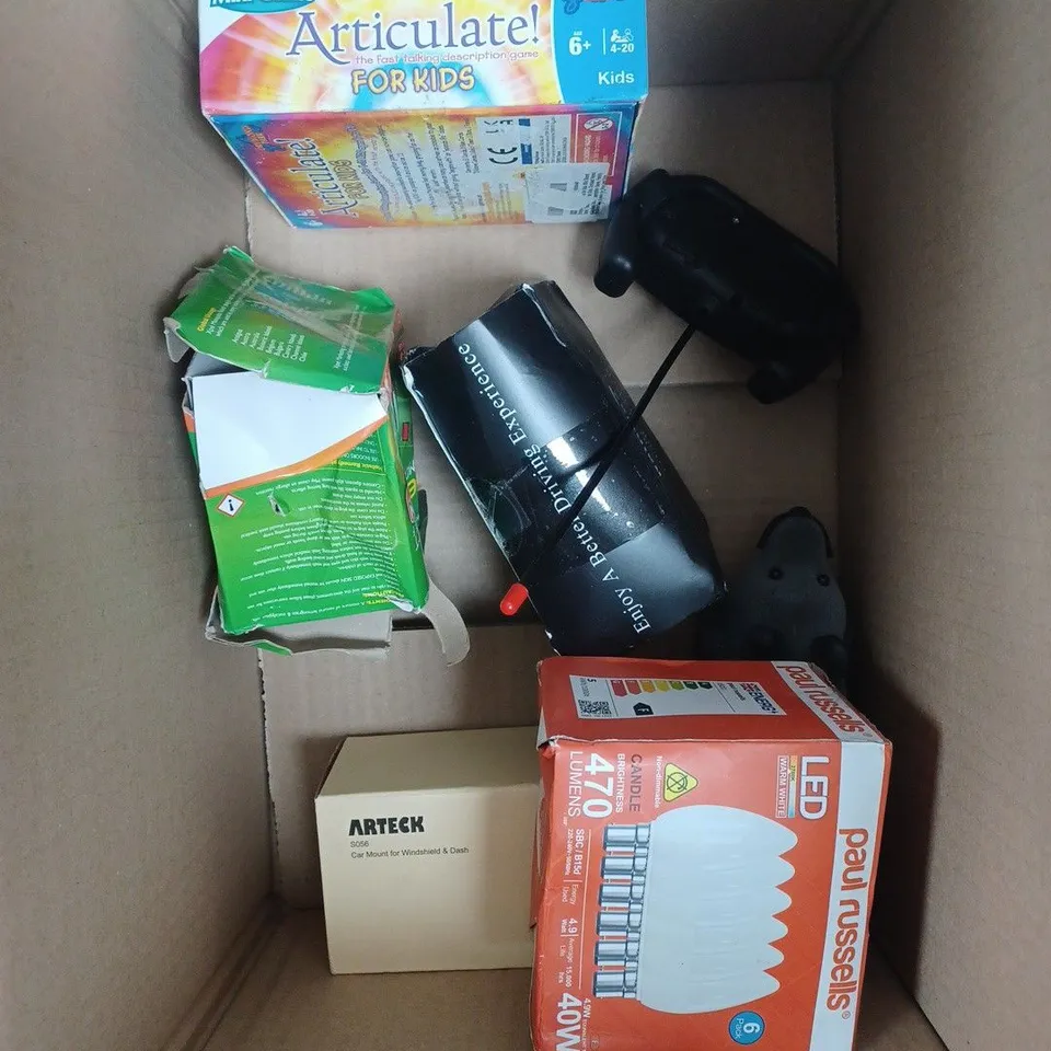 BOX OF APPROXIMATELY 10 ASSORTED HOUSEHOLD PRODUCTS TO INCLUDE LED BULBS, DOG COLLAR, MOSQUITO & INSECT RELIEF ETC