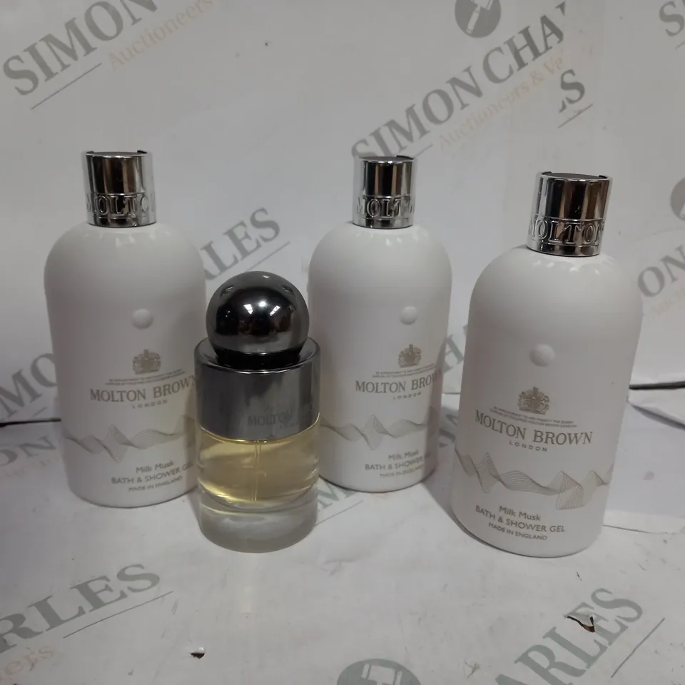4 MOLTON BROWN ITEMS TO INCLUDE: 3 X BATH/SHOWER GEL, 1 X EAU DE TOILETTE
