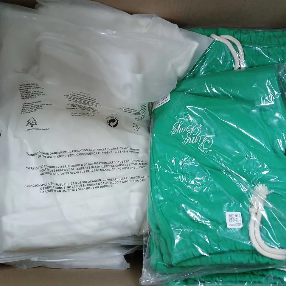 LARGE BOX OF ASSORTED LIMO BOYZ CLOTHING TO INCLUDE CAPS, SHORTS, AND HOODIES ETC.