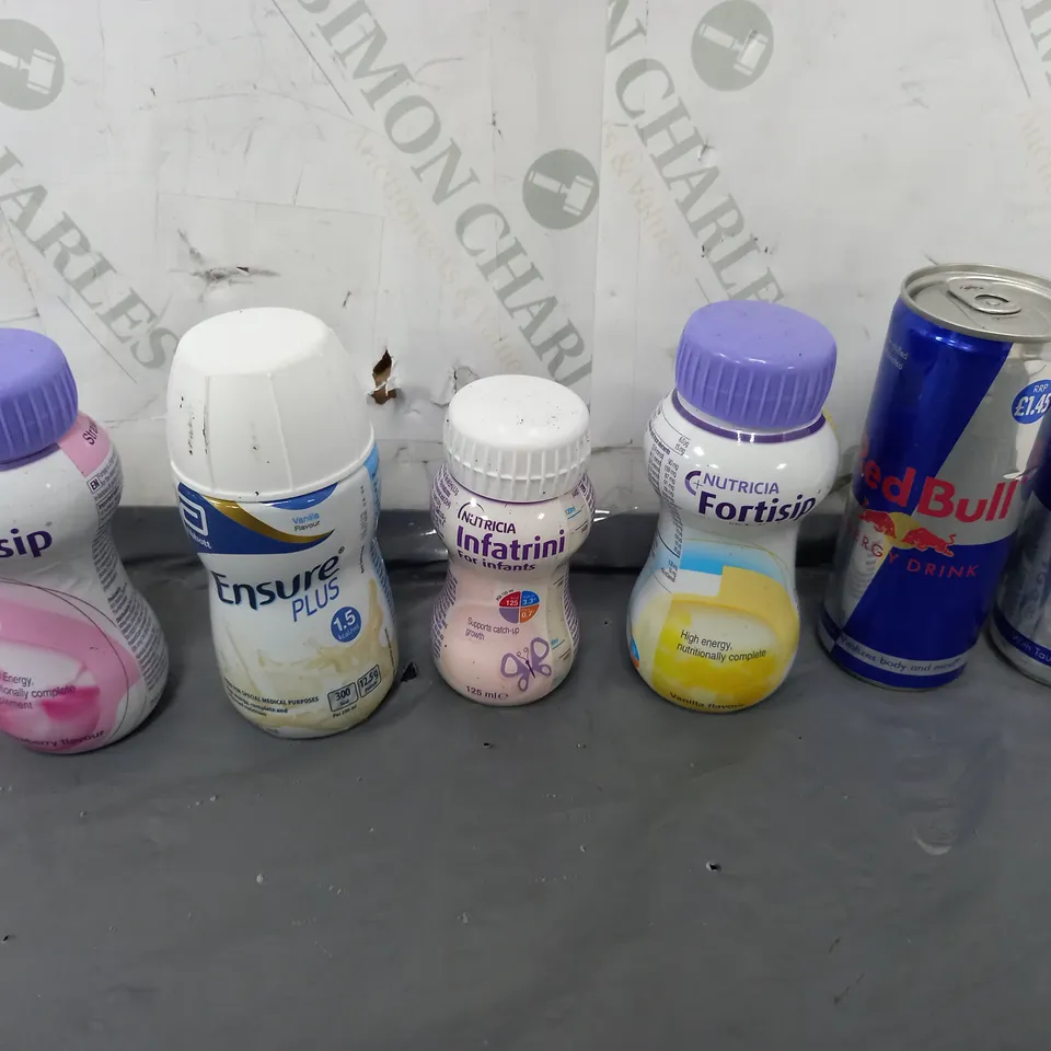 APPROXIMATELY 8 ASSORTED FOOD ITEMS TO INCLUDE - REDBULL, ENSURE PLUS, AND FORTISIP ETC.