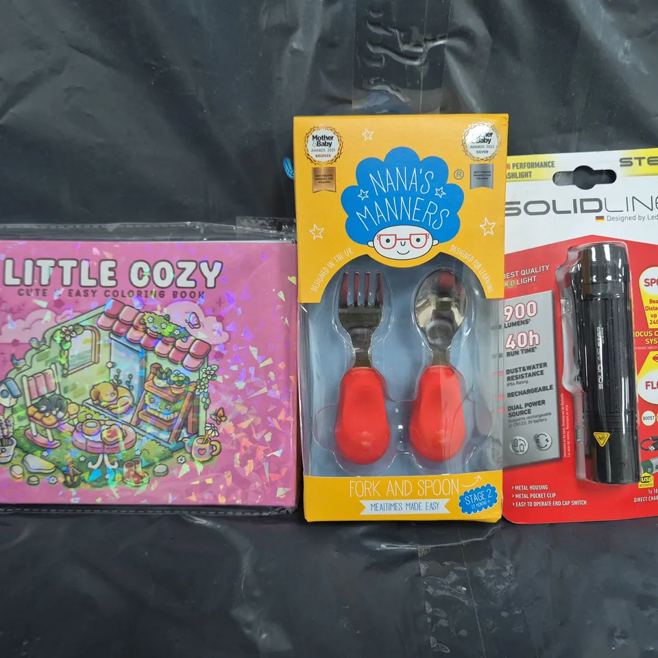 APPROXIMATELY 10 ASSORTED HOUSEHOLD ITEMS TO INCLUDE HIGH PERFORMANCE FLASHLIGHT, NANA'S MANNERS FORK AND SPOON, LITTLE COZY COLOURING BOOK, ETC