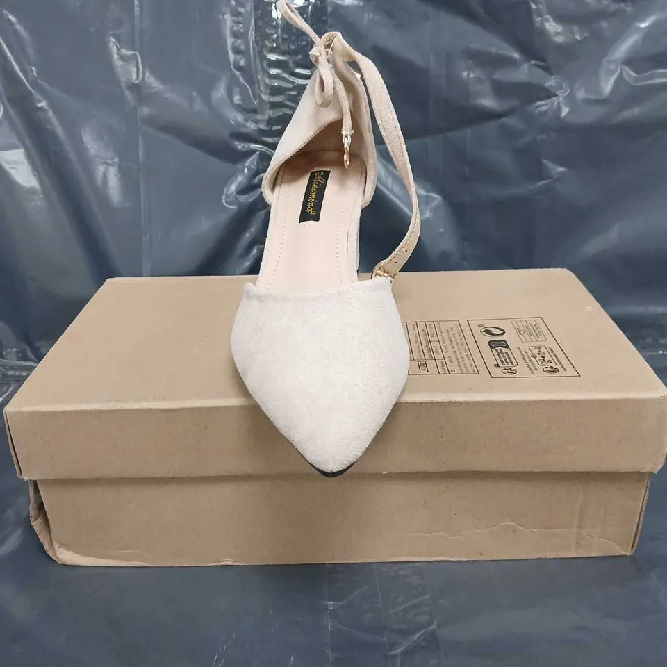BOXED PAIR OF MIAOMINA POINTED TOE LOW BLOCK HEEL SHOES IN BEIGE SIZE EU 40