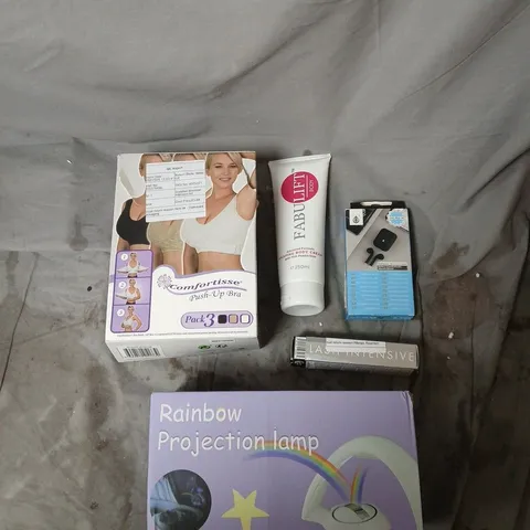 LARGE QUANTITY OF ASSORTED ITEMS TO INCLUDE PUSH UP BRA, BODY SHAPING CREAM, MASCARA, EARPHONES & A RAINBOW LAMP ETC  - COLLECTION ONLY