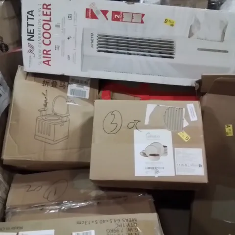 PALLET CONTAINING VARIOUS ASSORTED BOXED HOUSEHOLD ITEMS TO INCLUDE: PORTABLE TOILET, AIR COOLER, DISH SERVING SET, END TABLE AND LOTS MORE UNMARKED BOXED ITEMS