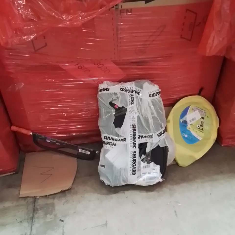 PALLET OF ASSORTED HOUSEHOLD GOODS AND PRODUCTS TO INCLUDE;UNDERDESK ELLIPTICAL TRAINER,SOCCER PLAY SET,SAW