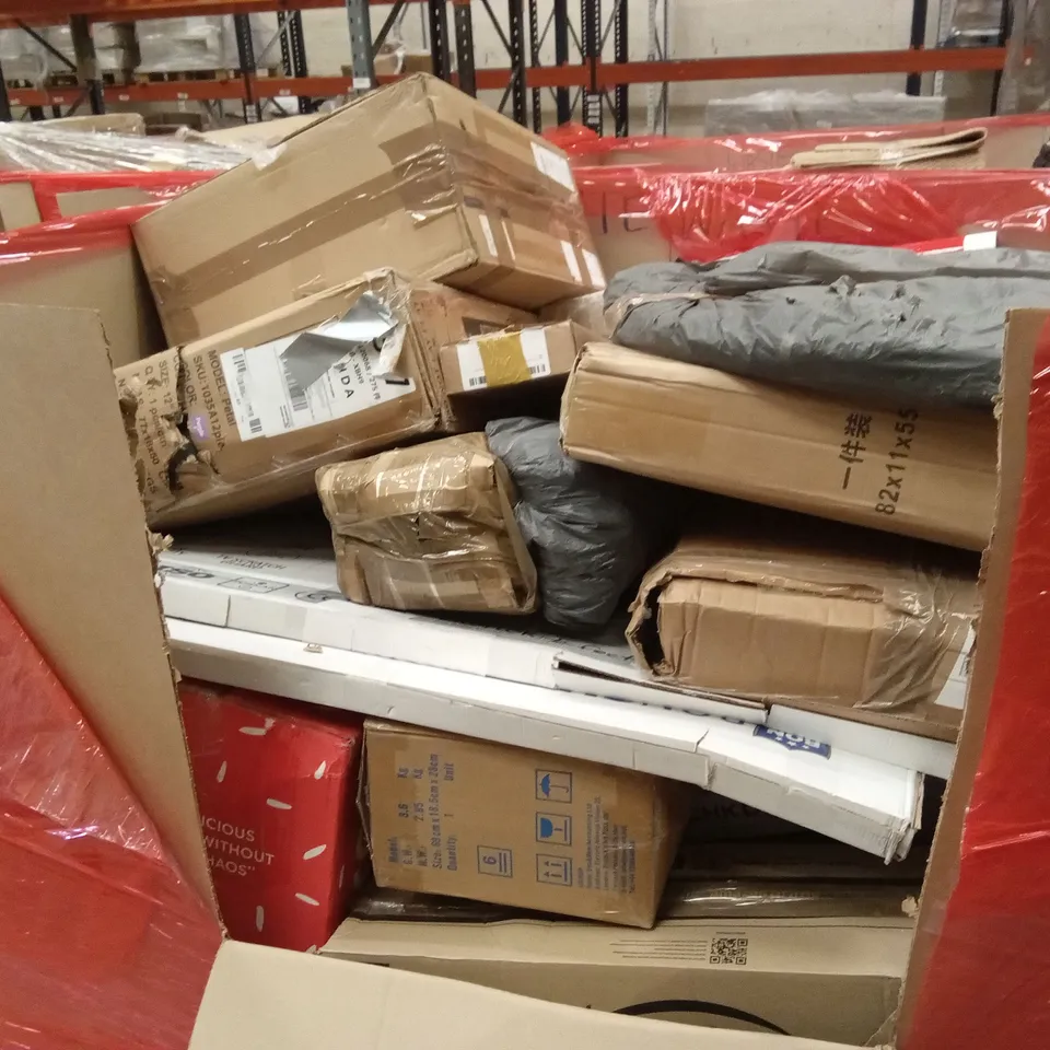 PALLET OF ASSORTED HOUSEHOLD GOODS AND PRODUCTS TO INCLUDE; FLATPACK FURNITURE, CHAIR, LARGE SCREEN PROTECTORS ETC