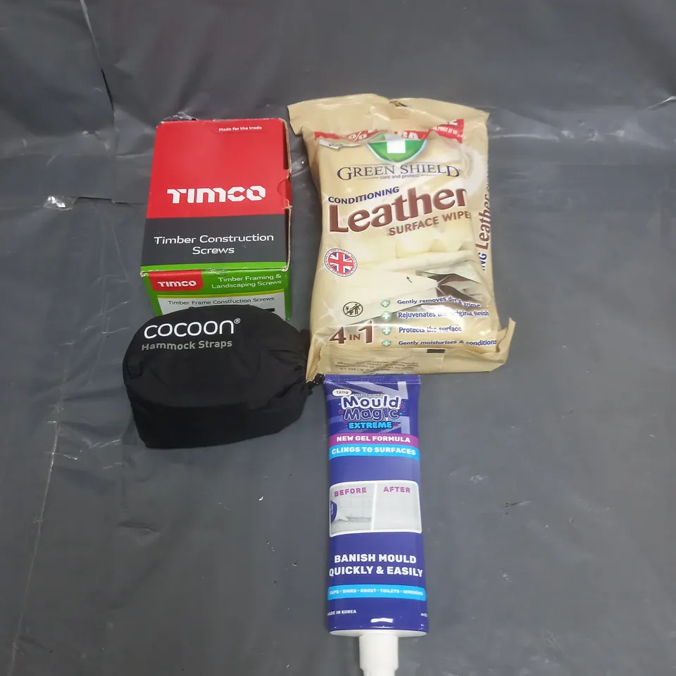 APPROXIMATELY 20 ASSORTED HOUSEHOLD ITEMS TO INCLUDE LEATHER SURFACE WIPES, COCOON HAMMOCK STRAPS AND TIMBER CONSTRUCTION SCREWS