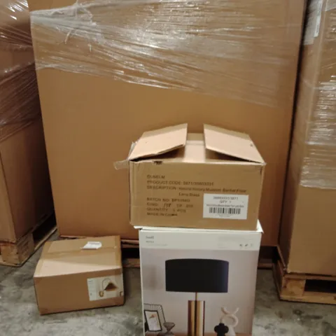 PALLET OF ASSORTED DESIGNER LIGHTING PRODUCTS TO INCLUDE;NESA TOUCH TABLE LAMP,NATURAL HISTORY MUSEUM BANKER FLOOR LAMP,PHUKET WALL LAMP