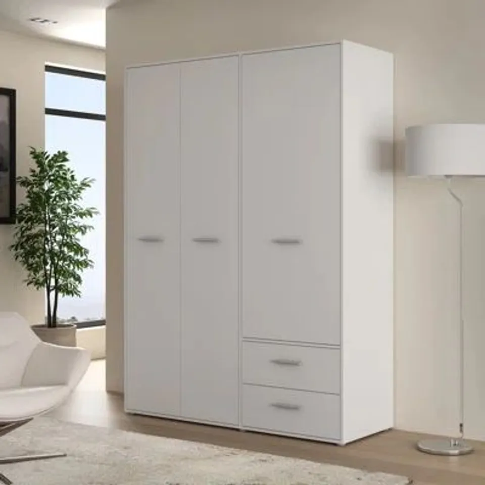 BOXED 3 DOOR WHITE WARDROBE WITH SHELF AND CLOTHES RAIL [3 BOXES]
