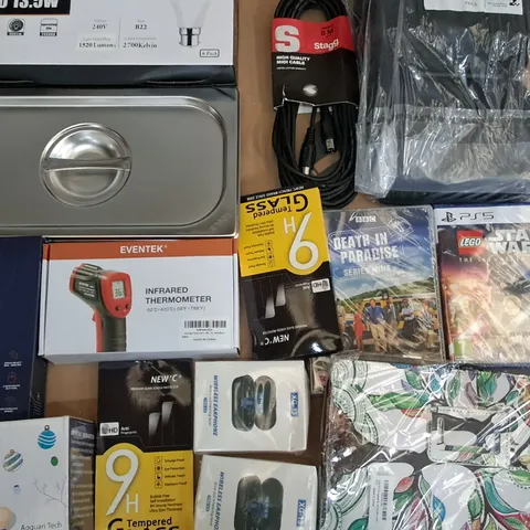 LARGE QUANTITY OF ASSORTED ITEMS TO INCLUDE INFRARED THERMOMETER, WIRELESS GAMING MOUSE AND STRING LIGHTS