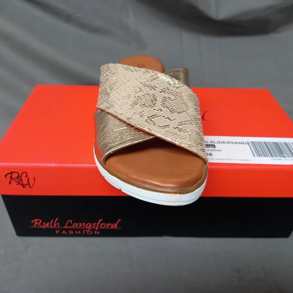 BOXED PAIR OF RUTH LANGSFORD FLAT SANDALS IN METALLIC CHAMPAGNE GOLD SIZE 5