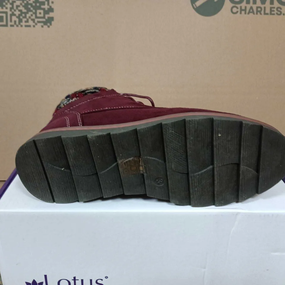 BOXED PAIR OF LOTUS SYCAMORE BORDO BOOTS – UK 3, BURGUNDY SUEDE