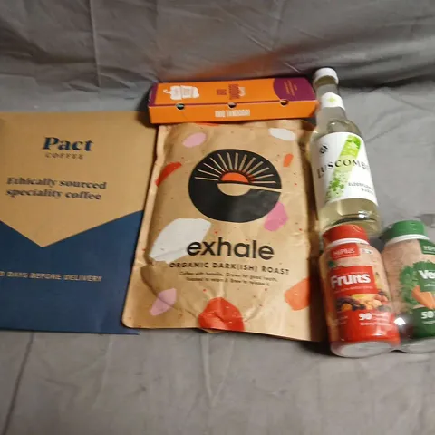 APPROXIMATELY 10 ASSORTED FOOD ITEMS TO INCLUDE - PACT COFFEE, SIMPLY COOK AND ELDERFLOWER BUBBLY