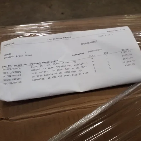 PALLET OF FIVE ASSORTED WAREHOUSE DAMAGED TV'S TO INCLUDE;