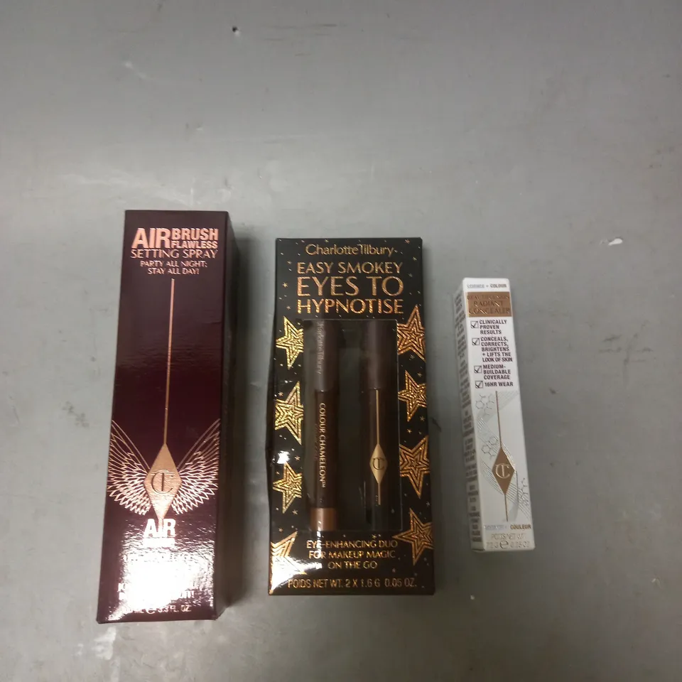 LOT OF 3 CHARLOTTE TILBURY MAKE UP PRODUCTS TO INCLUDE A SETTING SPRAY, CONCEALER AND AN EYE-ENHANCING DUO