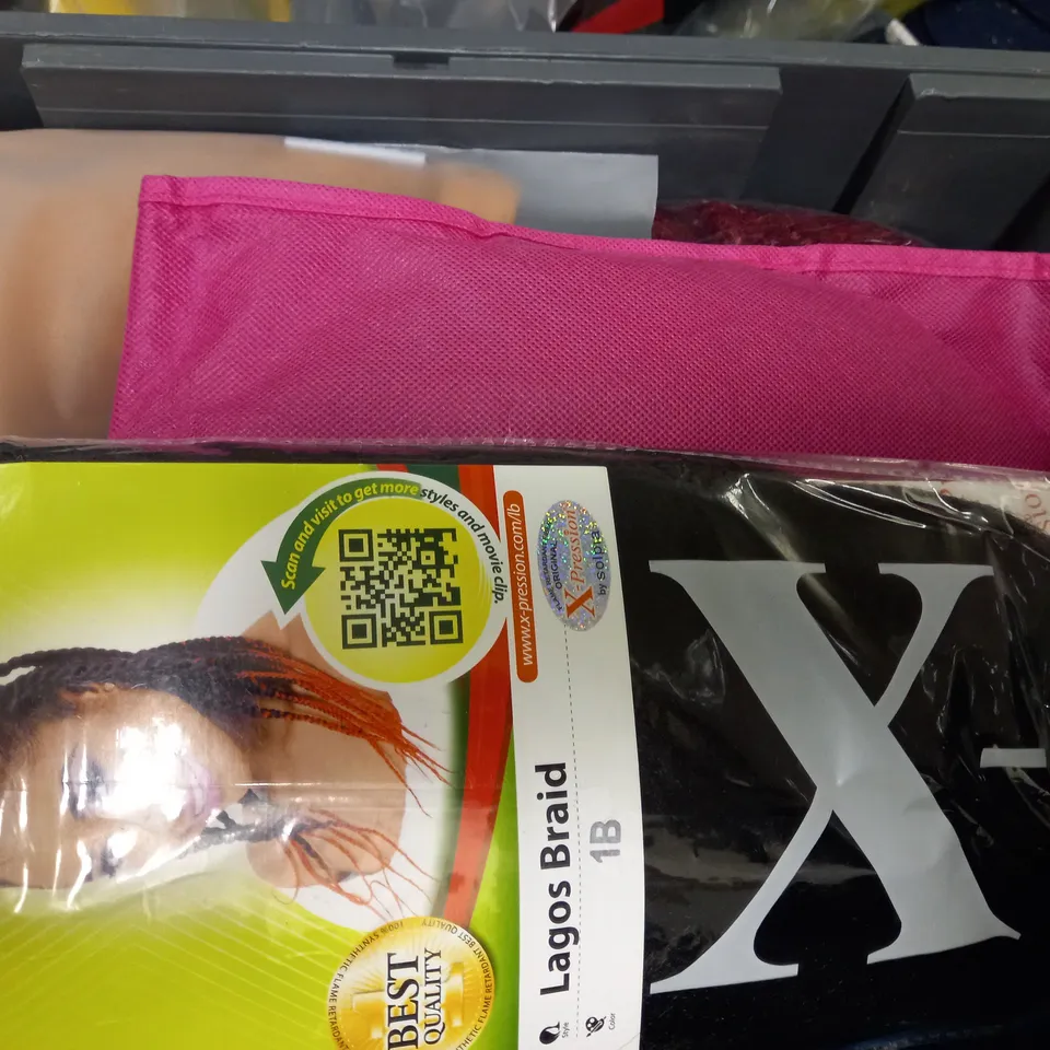 BOX OF APPROX 10 ASSORTED HEALTH AND BEAUTY ITEMS TO INCLUDE - IMPRESSION PRE STRETCHED SUPER BRAID BULK 4X - SAHARA VELVET TANNING MITT - MY FIRSTWIG FOR BEGINNERS ECT