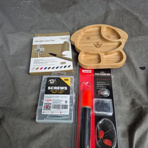 APPROXIMATELY 15 ASSORTED HOUSEHOLD ITEMS TO INCLUDE METALLIC COLOUR PENS, LEEDA PIKE FLOAT KIT AND SCREWS