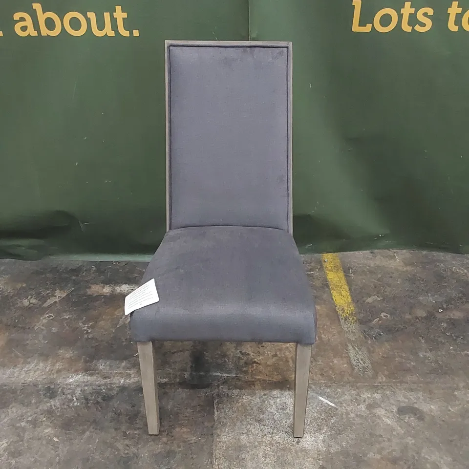 DESIGNER GREY FABRIC UPHOLSTERED AND WOOD DINING CHAIR