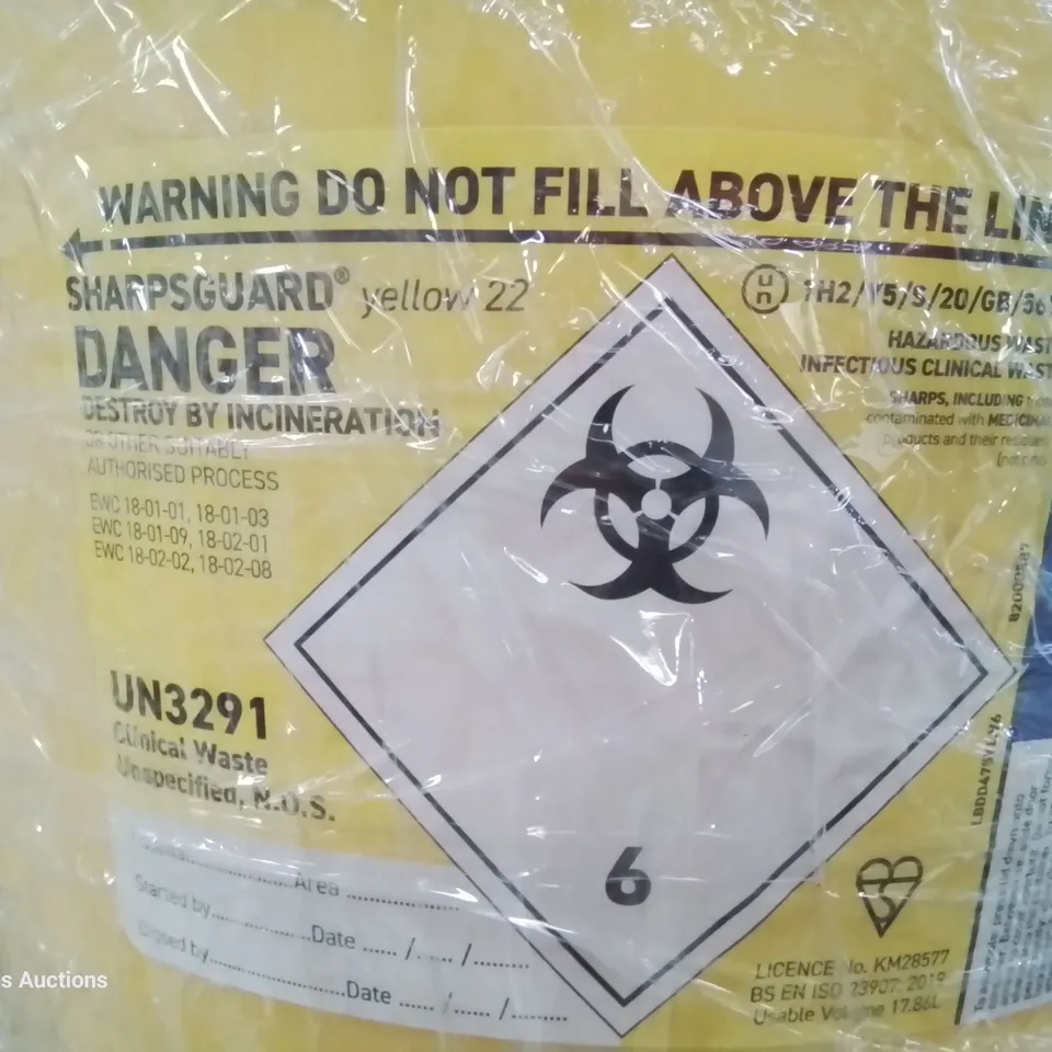 PALLET OF APPROXIMATELY 110 SHAPRGUARD YELLOW 22L BINS