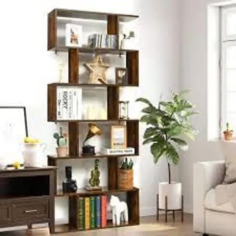 BOXED COSTWAY 6 TIER S-SHAPED BOOKSHELF STORAGE DISPLAY BOOKCASE Z-SHELF - COFFEE