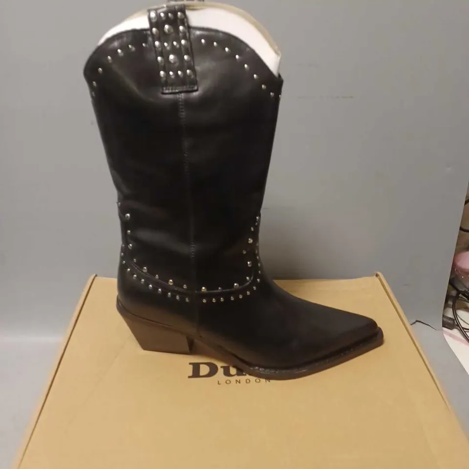 BOXED PAIR OF DUNE LONDON STUDDED BOOTS IN BLACK - 8