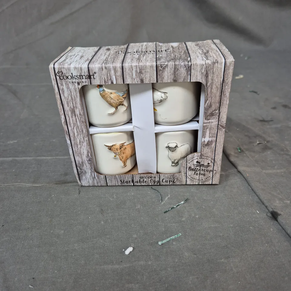 COOKSMART ENGLAND SET OF 4 STONEWARE EGG CUPS – FARM ANIMAL DESIGN