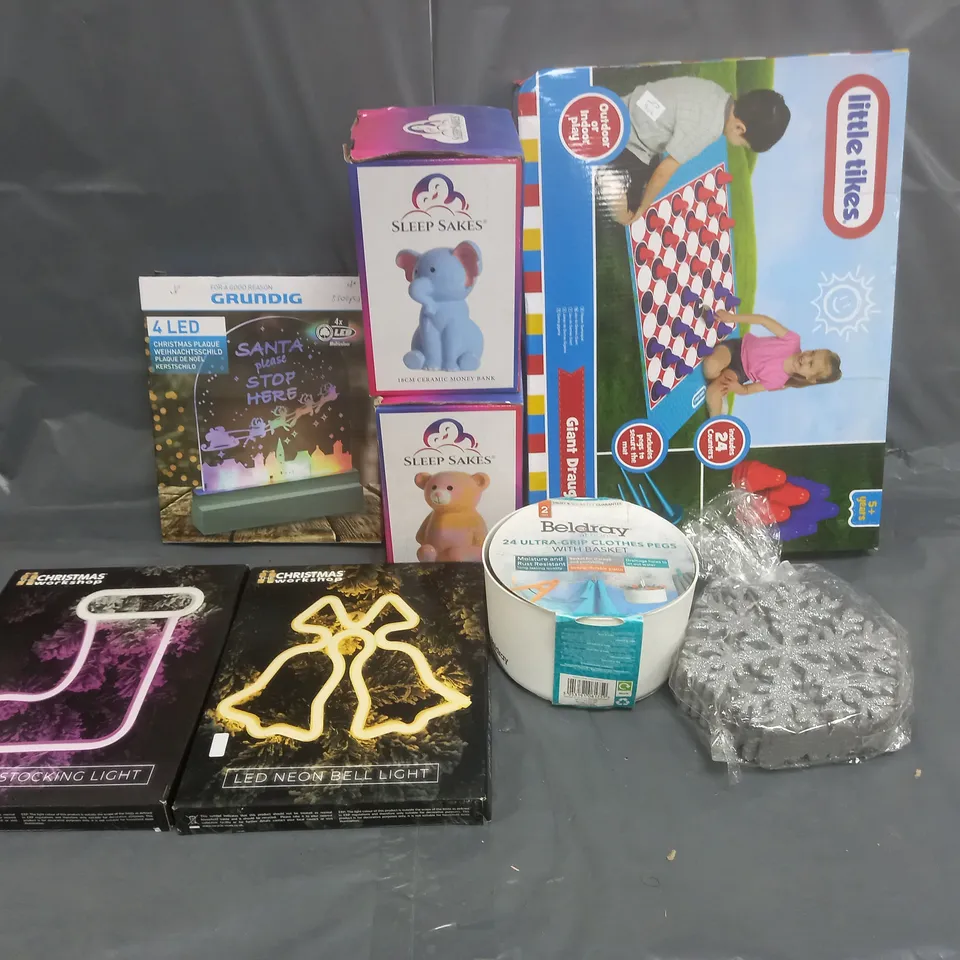 BOX OF ASSORTED ITEMS TO INCLUDE LITTLE TIKES, LED LIGHTS AND NEON BELL LIGHT